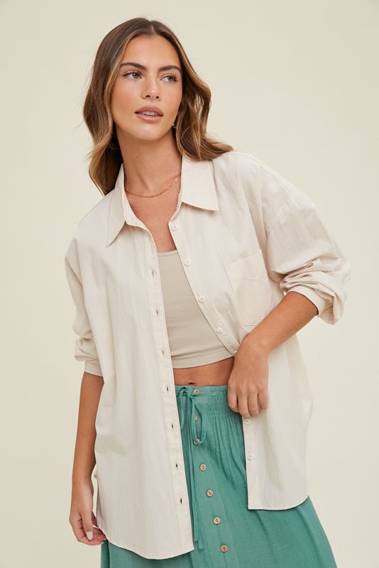 Oversize Button-Up Shirt with Pocket - Modish Maven Boutique