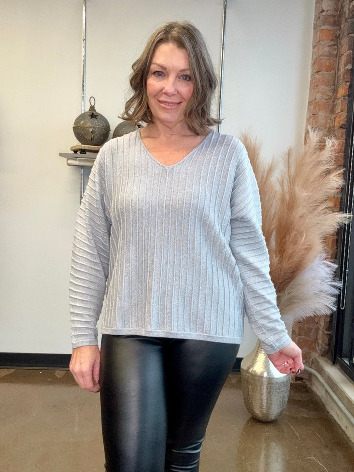 Metallic Ribbed V - Neck Sweater - Modish Maven Boutique