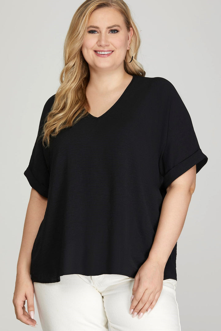 Short Sleeve V Neck Woven Top