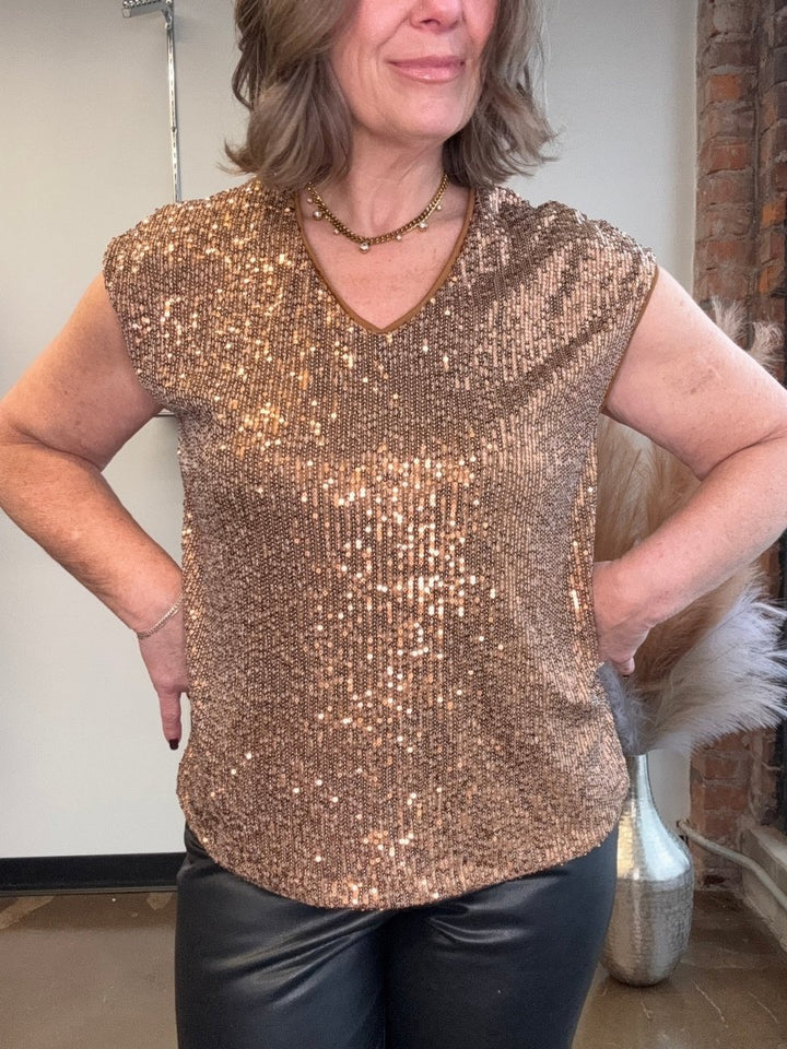 Sequin V - Neck Shimmer Tee - Modish Maven Boutique