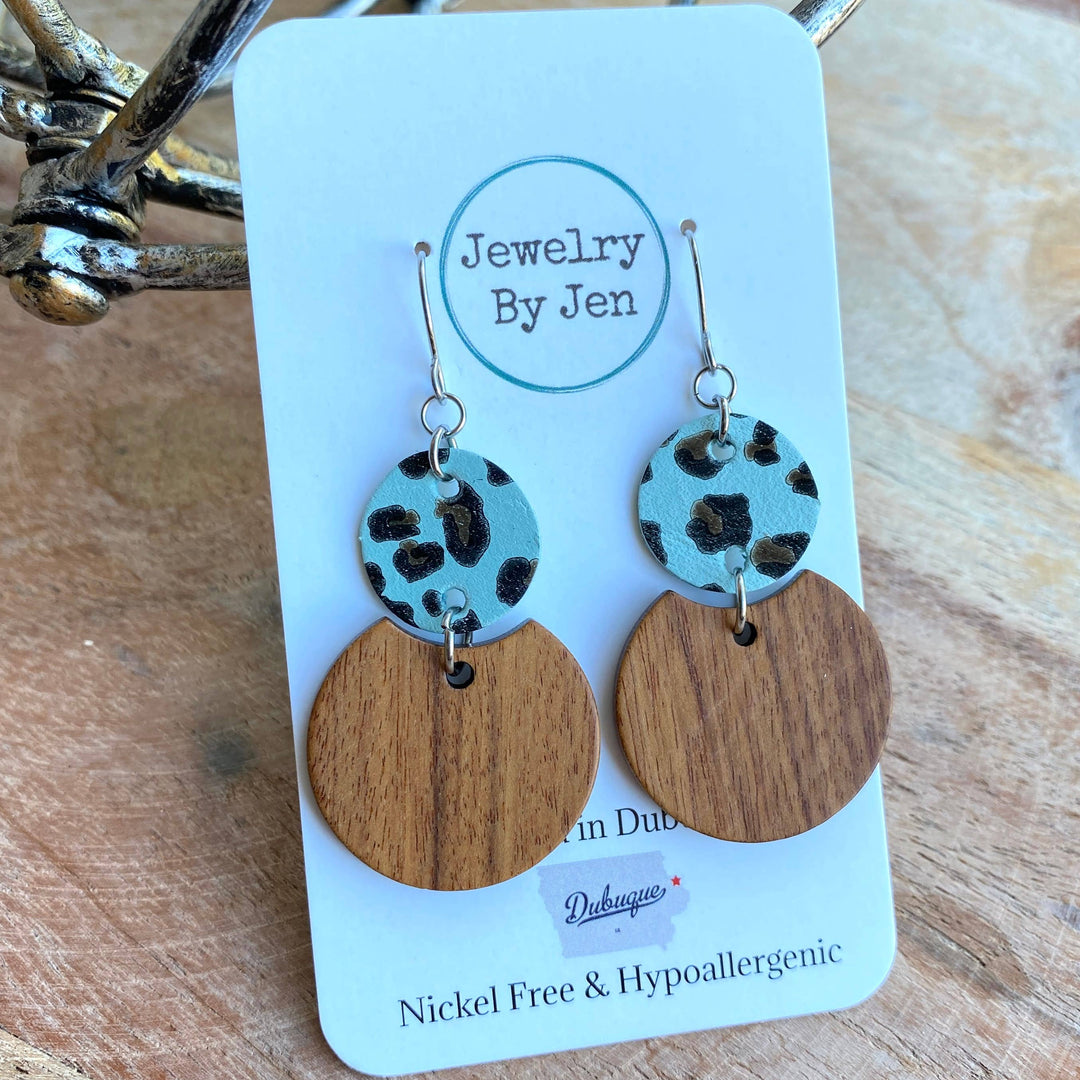 Round Wood & Turquoise Leopard Earrings