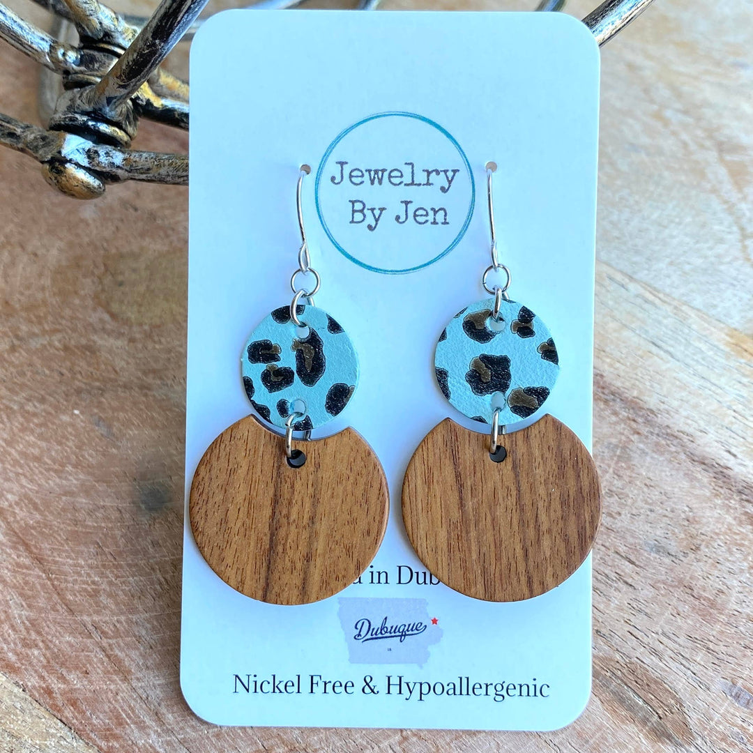Round Wood & Turquoise Leopard Earrings