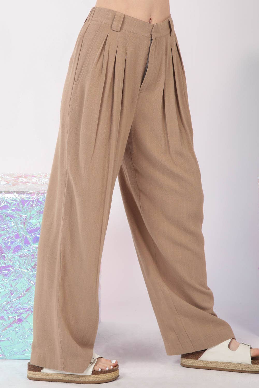 Solid Linen Pleated Wide Leg Comfy Pants-Curvy - Modish Maven Boutique