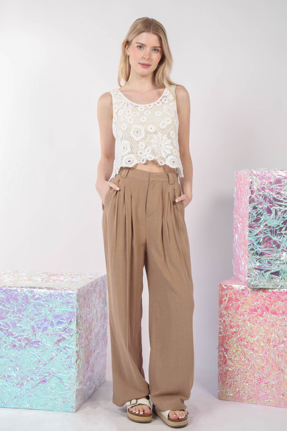 Solid Linen Pleated Wide Leg Comfy Pants-Curvy - Modish Maven Boutique